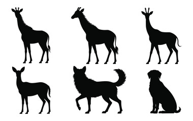 Black Silhouettes of Giraffes Deer Wolf and Dog on White Background animal wildlife