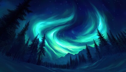 Brilliant swirling atmospheric light illuminates a dark, snow-covered wilderness landscape