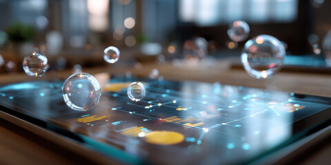 Futuristic tablet interface with floating glass spheres and data visualization