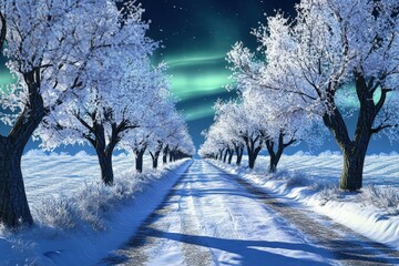 Frost covered trees line a remote roadway beneath an ethereal night sky illumination
