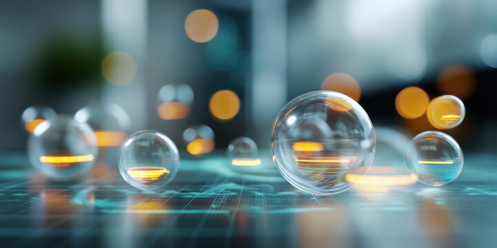 Transparent glass sphere on glowing digital grid, futuristic bokeh light atmosphere - Powered by Adobe