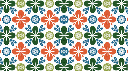 Colorful seamless pattern of stylized flowers and leaves in red green blue and light green on white geometric