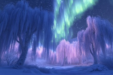 Ethereal forest scene illuminated by a brilliant celestial light display over snow-covered weeping trees