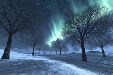 Bare trees line a snow-covered landscape beneath a vibrant display of northern lights in the night sky.