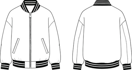 Men bomber jacket technical flat vector illustration front and back view apparel fashion design template isolated clean outline modern clothing