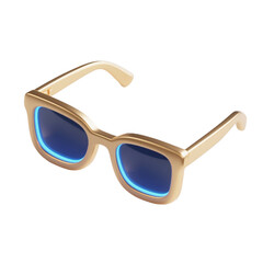 Glossy 3D sunglasses icon with gold frame and blue lenses, isolated on transparent background for summer fashion, lifestyle apps, vacation visuals, stylish UI badges, and interface graphics.