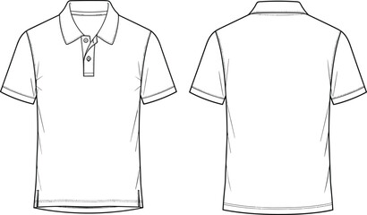 Minimal polo shirt technical flat illustration with front and back views for fashion design sewing pattern vector template apparel artwork