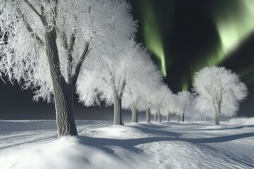 Row of frost covered trees stands beneath an intense green aurora borealis display in the night sky