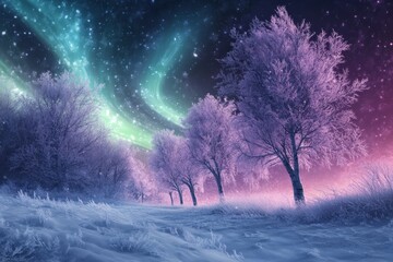 Breathtaking frozen landscape glows beneath vibrant celestial lights in a dark night sky