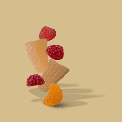 Photo of a flying marmalade on a beige background, with a shadow and space for text.