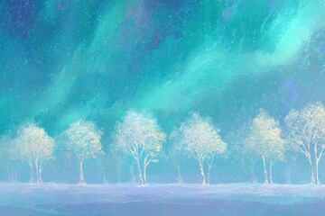 Ethereal winter landscape displays glowing trees beneath a vividly colored celestial sky