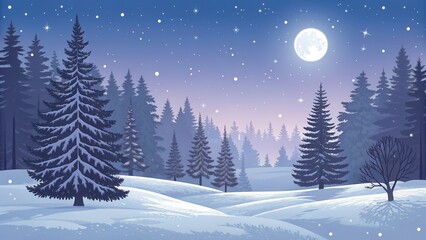 Fototapeta premium Snowy forest landscape with pine trees under starry night sky