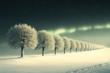 Row of frost covered deciduous trees stands beneath a starry night sky with faint atmospheric lights