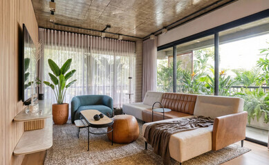 Modern Industrial Chic Living Room with Exposed Concrete Ceiling and Wood Paneling