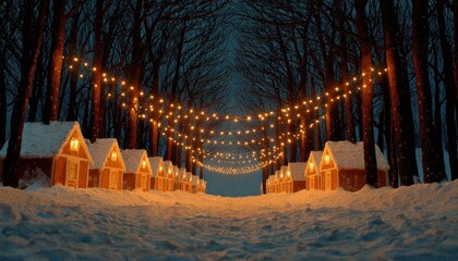 Rows of illuminated gingerbread style cottages line a snowy path beneath draped festive lights in a dark woodland setting