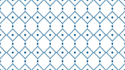 Repeating geometric pattern of blue squares connected by lines and dotted lines with blue dots seamless