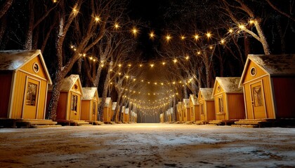 Cozy wooden huts line a snowy path illuminated by strings of warm lights