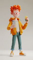 3d Cartoon Character of a child using a cell phone