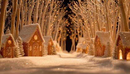 Miniature edible dwellings line a snowy path beneath illuminated trees at night