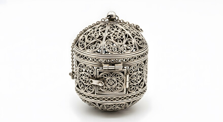 Antique silver filigree jewelry box with intricate floral wirework isolated on white background