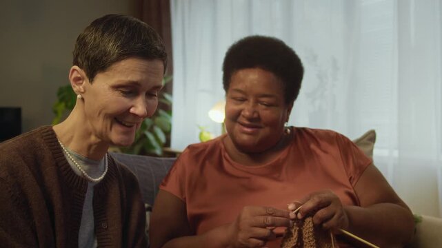 Zoom out slowmo shot of mature Caucasian woman showing pictures of her family on smartphone screen to senior African American friend knitting on couch, smiling and enjoying homey evening together