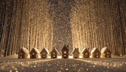 Miniature illuminated dwellings line a snowy path beneath a glittering forest canopy during a snowfall