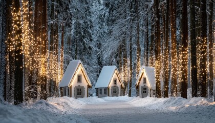 Miniature dwellings glow warmly along a snow-covered path flanked by illuminated trees