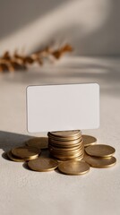 Blank white card on stack of gold coins, finance and wealth mockup