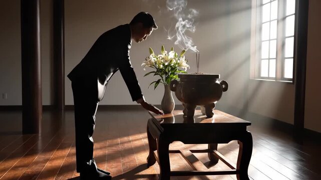 Man performing a ritual with incense and flowers in a serene indoor space. This scene captures a moment of spirituality and reflection, useful for articles on meditation, cultural practices,