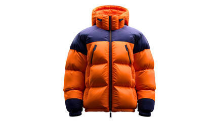 Front view of an orange and navy blue winter jacket, a thick puffer coat isolated on white background, cold weather fashion gear, a quilted down parka mockup.