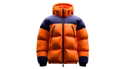 Front view of an orange and navy blue winter jacket, a thick puffer coat isolated on white background, cold weather fashion gear, a quilted down parka mockup.