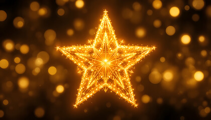 Golden star with sparkling lights on dark background with bokeh effect
