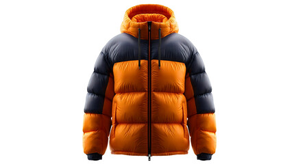 A warm orange and black puffer jacket isolated on white background, a thick down coat with hood, winter fashion clothing concept, an insulated outerwear mockup.