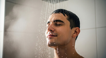 Young man standing under warm shower, water cascading around him. He is relaxed, enjoying the refreshing sensation in a modern bathroom. Close-up