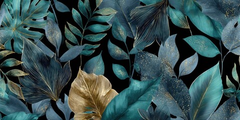 Detailed, decorative pattern of teal and gold tropical leaves on black background