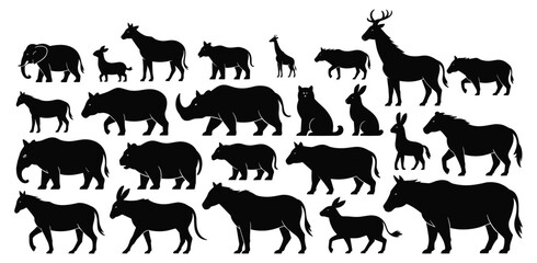 Silhouette Collection of Diverse African and Forest Animals on White Background wildlife animal silhouette