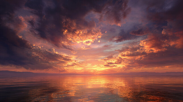 A breathtaking sunset over the ocean, with vibrant colors reflected in the water