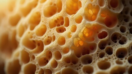 Close-up, textured view of a porous, yellow and orange surface with organic-looking holes
