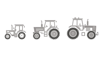 Three Gray Tractors of Varying Sizes in a Row on a White Background agriculture farm