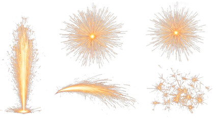 Realistic golden sparkling fireworks and pyrotechnic effects set
