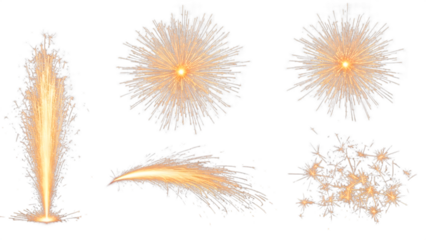 Realistic golden sparkling fireworks and pyrotechnic effects set