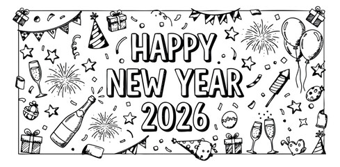 Simple happy new year 2026 icon set with champagne, balloons, fireworks and gifts black and white line art