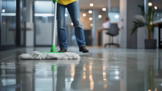 Low angle closeup of a janitor mopping a wet floor in a modern office building. Professional cleaning service maintaining hygiene and sanitation in a corporate workspace