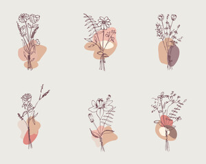 Minimalist floral line art vector illustration set featuring six unique flower designs. Each design combines delicate lines with abstract color splashes to create an elegant aesthetic.
