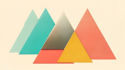 Colorful, layered triangles arranged like stylized mountains on a pale yellow background