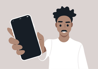 A mobile phone template, a character displays a phone screen, showcasing their excitement and curiosity, The cozy atmosphere enhances their joyful interaction