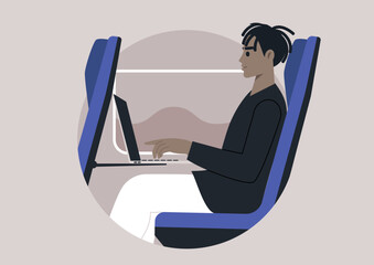 A character in a bright outfit sits comfortably in a train seat, focused on a laptop, immersed in work while traveling through a scenic landscape outside.