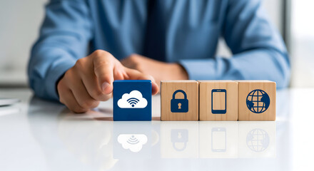 Person selecting a cloud connectivity block for global digital communication.