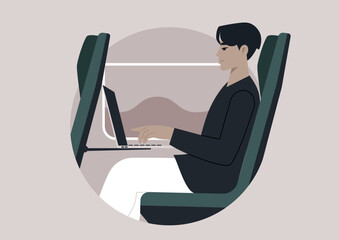 A character in a bright outfit sits comfortably in a train seat, focused on a laptop, immersed in work while traveling through a scenic landscape outside.