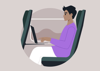 A character in a bright outfit sits comfortably in a train seat, focused on a laptop, immersed in work while traveling through a scenic landscape outside.